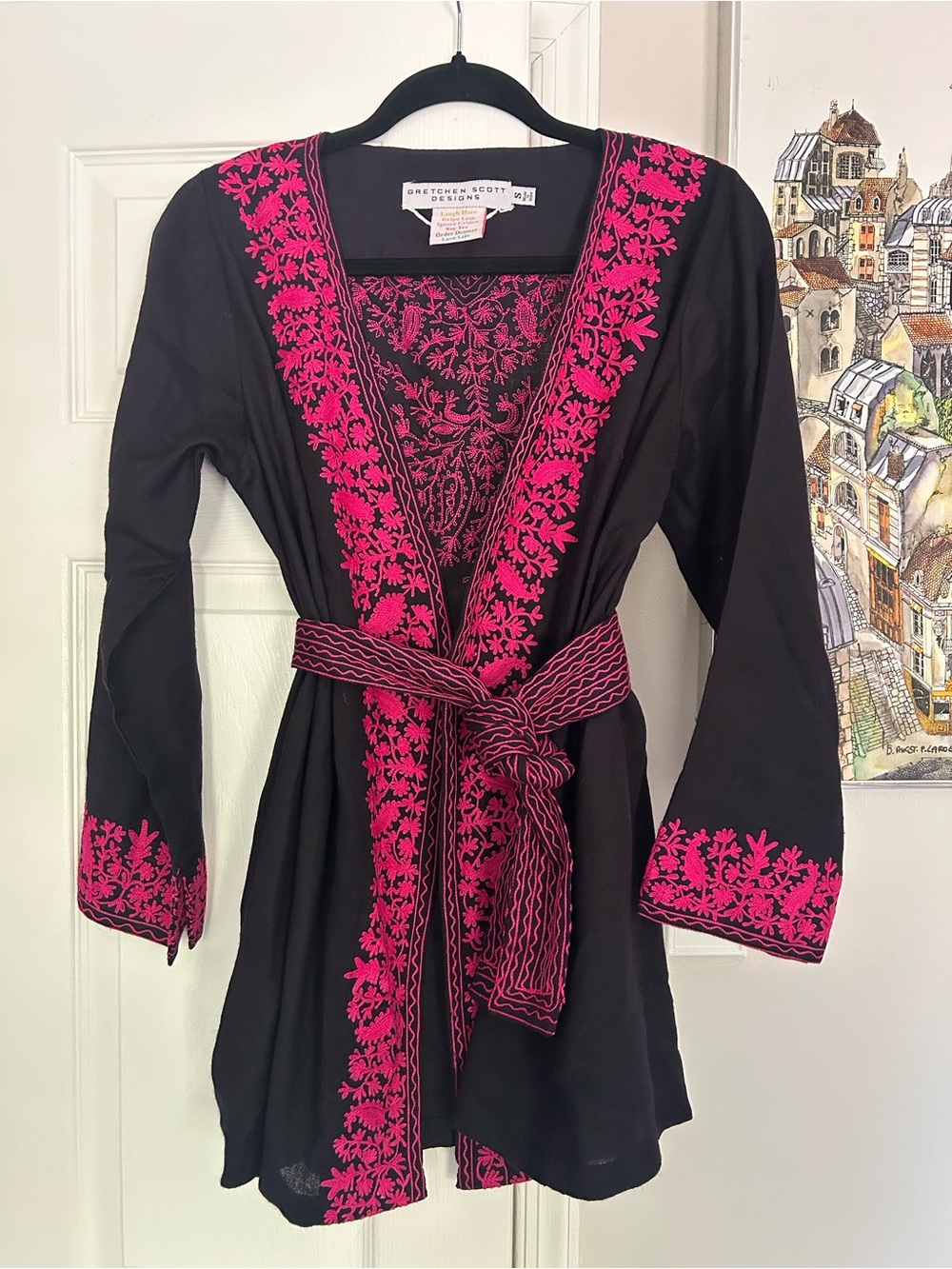 Gretchen Scott Designs lightweight wool knit jacket with embroidery and ti